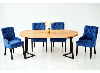 Brown-Blue Dining Room Furniture Designer Wooden Dining Table with 6x Upholstered Chesterfield Chairs